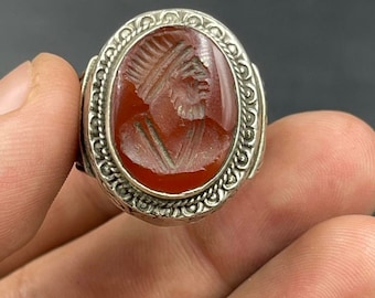 希少な古代カーネリアンインタリオリング - ブロンズセッティングの