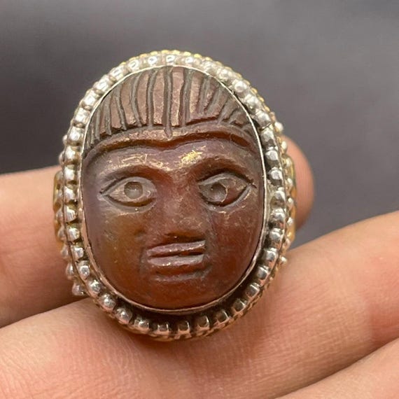 Ancient Roman Solid Silver Ring With Face Carved … - image 8