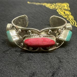 Wonderful Vintage Tibetan Brass With Coral And Turquoise Stone Handmade Cuff/Bracelet