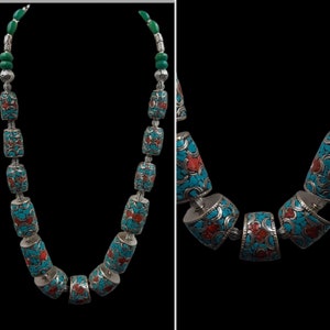 Collana tibetana vintage: turchese, lapislazzuli e corallo, stile boho