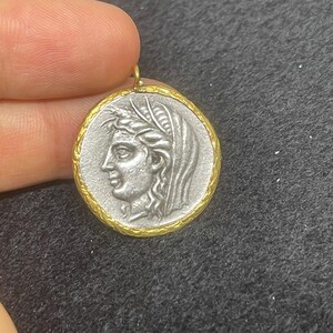 Wonderful Ancient Greek Drachm Coin Gold Plated Bezel Coin with Queen face image pendant