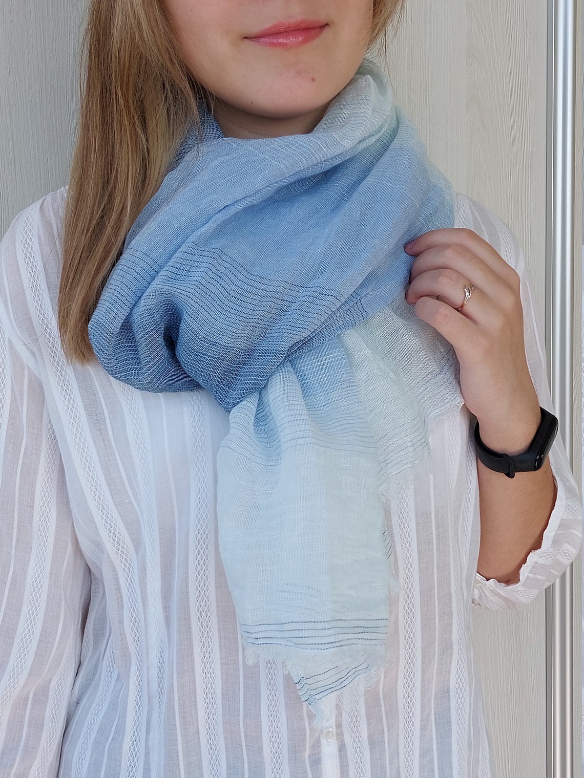Summer linen scarf. Light scarf. Blue scarf. Natural organic Etsy