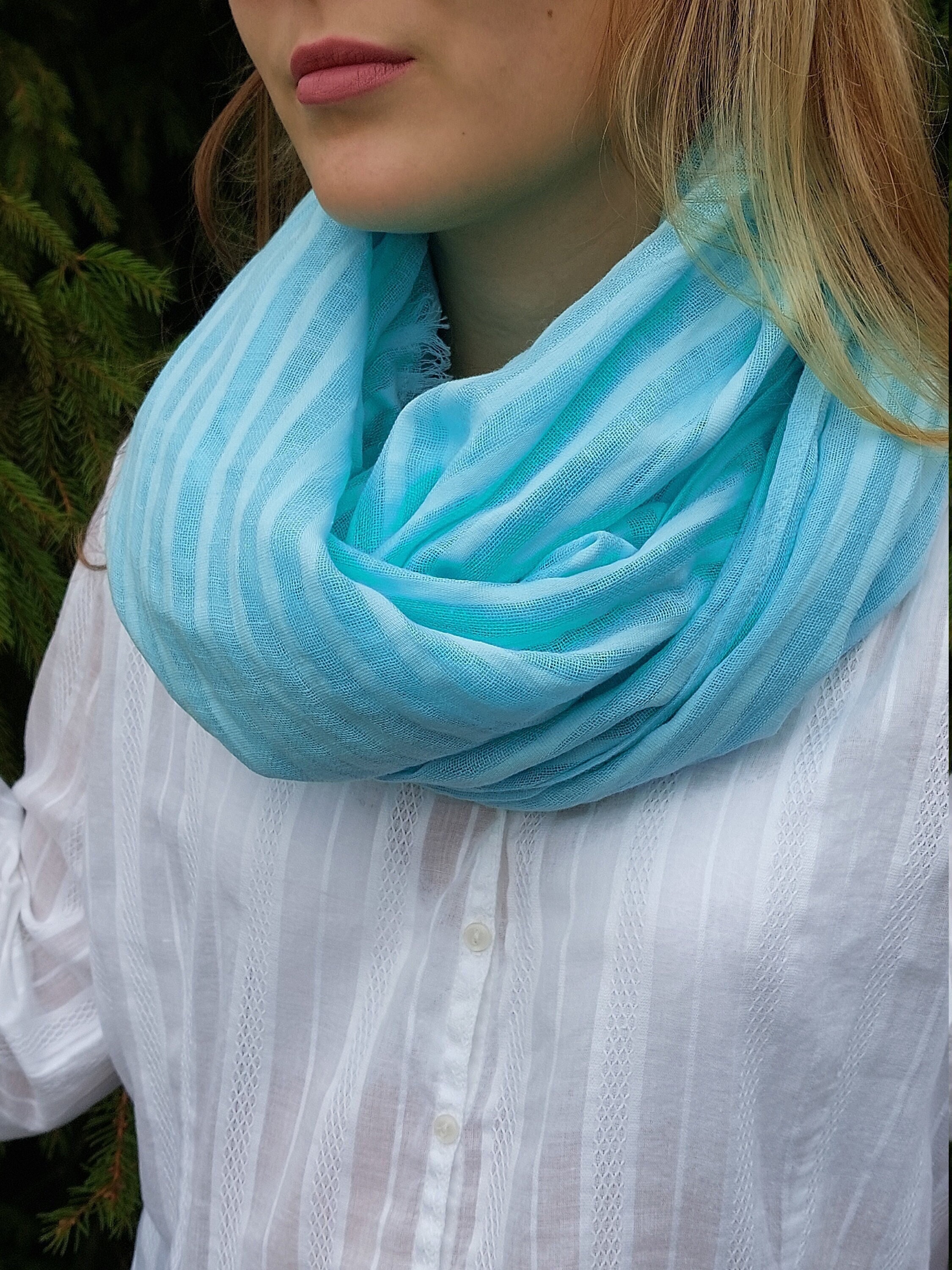 Light blue scarf women. Natural linen scarf. Striped scarf. Etsy