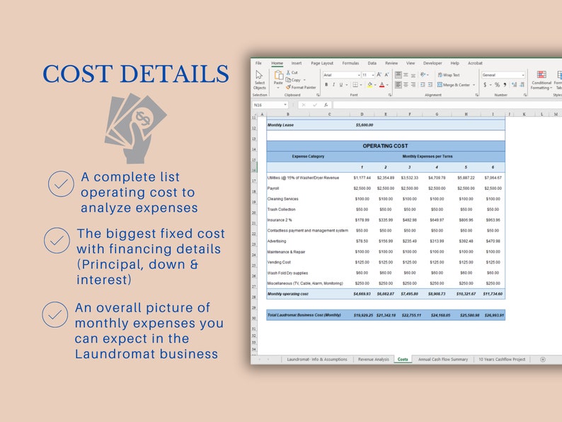LAUNDROMAT Business Analysis Template for Washateria Business, Calculate Gross Revenue, Expenses