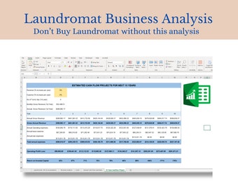 May include: A spreadsheet showing a laundromat business analysis with projected cash flow for the next 10 years. The spreadsheet includes revenue, expenses, operating profit, and return on invested capital.