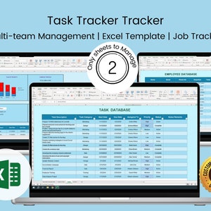 Könnte beinhalten: Ein Laptop-Bildschirm zeigt eine Excel-Tabelle mit einer Aufgabenverfolgungsvorlage. Die Tabelle enthält Spalten für Aufgabenbeschreibung, Aufgabenkategorie, Startdatum, Fälligkeitsdatum, Zuweisung, Priorität, Status und Notizen. Die Tabelle ist mit "Aufgaben Datenbank" betitelt. Der Laptop befindet sich auf einem hellblauen Hintergrund mit einem Kreis, der die Zahl "2" und den Text "Nur Blätter zum Verwalten" enthält.
