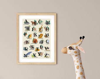 ABC Poster Alphabet Deutsch mit Tierillustrationen, Wandbild, Kinderzimmerdeko, Volksschule Kindergarten, zuhause druckbar, digital download
