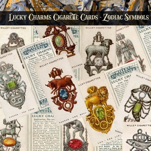Lucky Charms - Zodíaco - Cartões de cigarro antigos - Junk Journal Download digital *Astrologia *Horóscopo