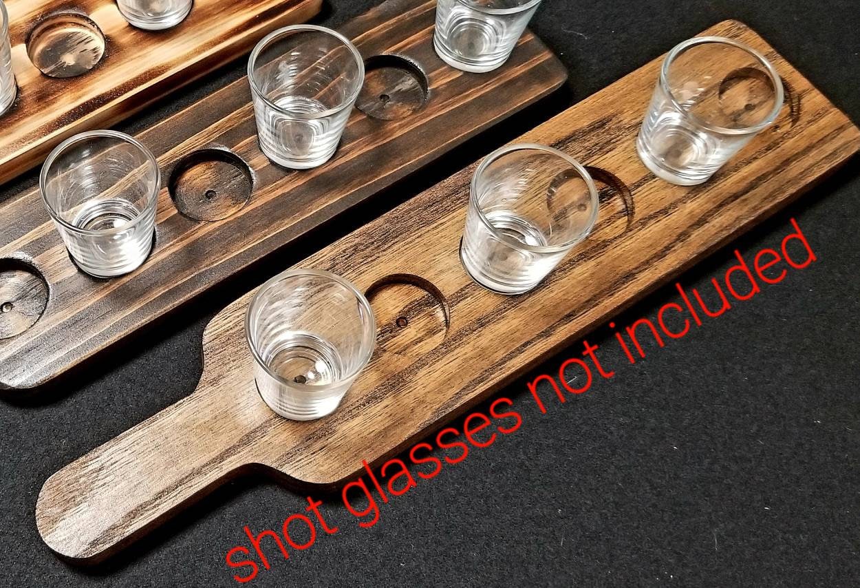 8 Shot Glass Set with Dark Brown Burnt Wood Paddle Holder Server