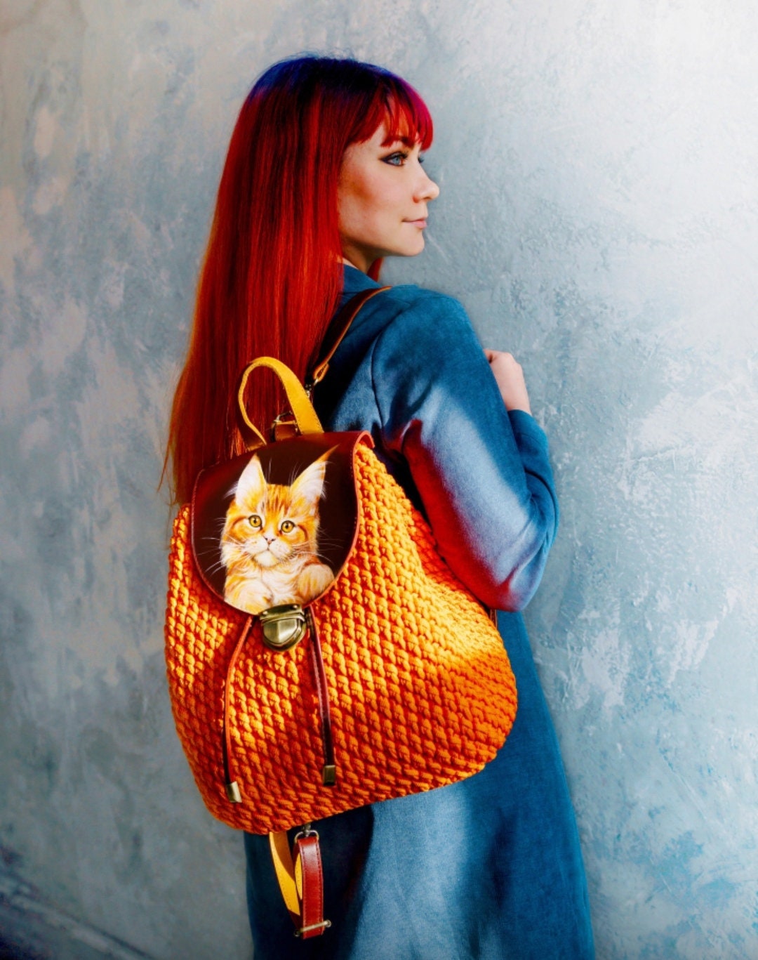 Handmade backpack knitted backpack acrylic painting drawing Etsy