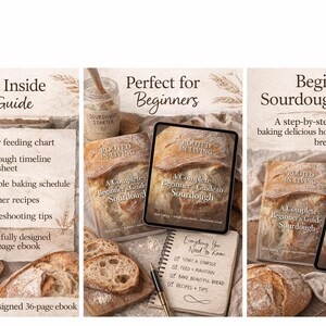 May include: A beginner's guide to sourdough breadmaking, featuring a digital ebook and a list of included resources. The image shows a loaf of bread, a jar of starter, and a tablet displaying the ebook's cover.
