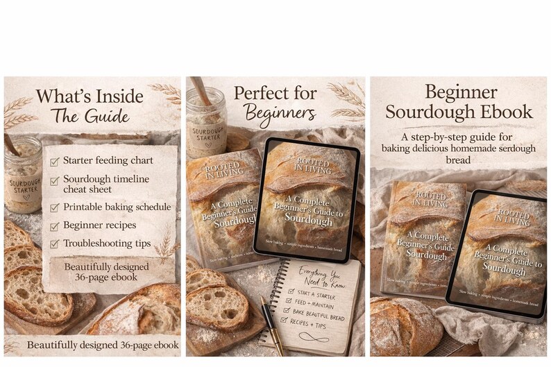 May include: A beginner's guide to sourdough breadmaking, featuring a digital ebook and a list of included resources. The image shows a loaf of bread, a jar of starter, and a tablet displaying the ebook's cover.