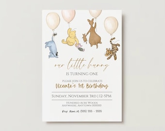 May include: A Winnie the Pooh themed first birthday party invitation with a watercolor illustration of Winnie the Pooh, Piglet, Tigger, Eeyore, and Kanga. The invitation features the text "our little bunny is turning one" and "Vicente's 1st Birthday".