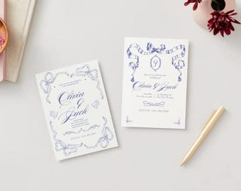 May include: Two wedding invitations with blue ink illustrations of bows and ribbons. The text on the invitations reads "Join us to celebrate the wedding of Olivia & Zach".