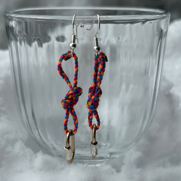 Pink & Orange Rock Climbing Carabiner Earrings | Dangling Figure 8 Knot | Handmade | Climbing Gifts