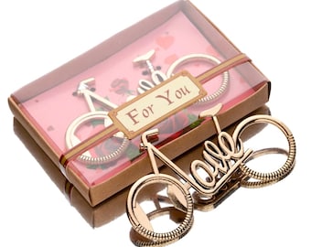 Abridor de botellas de bicicleta de metal con caja, regalo novedoso para bodas, recuerdo creativo, dorado y amoroso.