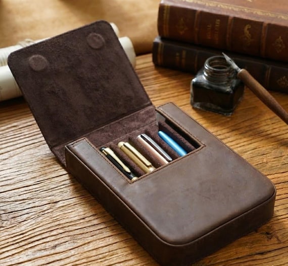 Crazy Horse Leather Fountain Pen Case | 6-Slot Vintage Travel Organizer
