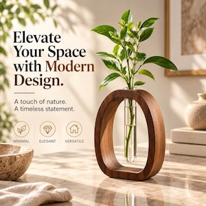 Walnut Wood Test Tube Vase, Mid-Century Modern Plant Holder
