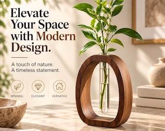 Walnut Wood Test Tube Vase, Mid-Century Modern Plant Holder