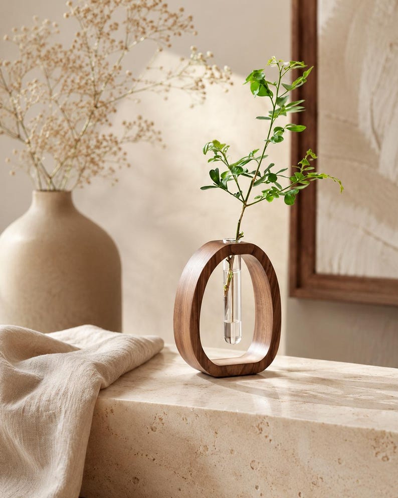 Puede incluir: Un jarr&oacute;n de madera de forma ovalada con un inserto de tubo de vidrio transparente que contiene un tallo de planta verde. El jarr&oacute;n es de madera oscura y se encuentra sobre una superficie de piedra de color claro. Un jarr&oacute;n beige con flores secas en el fondo.