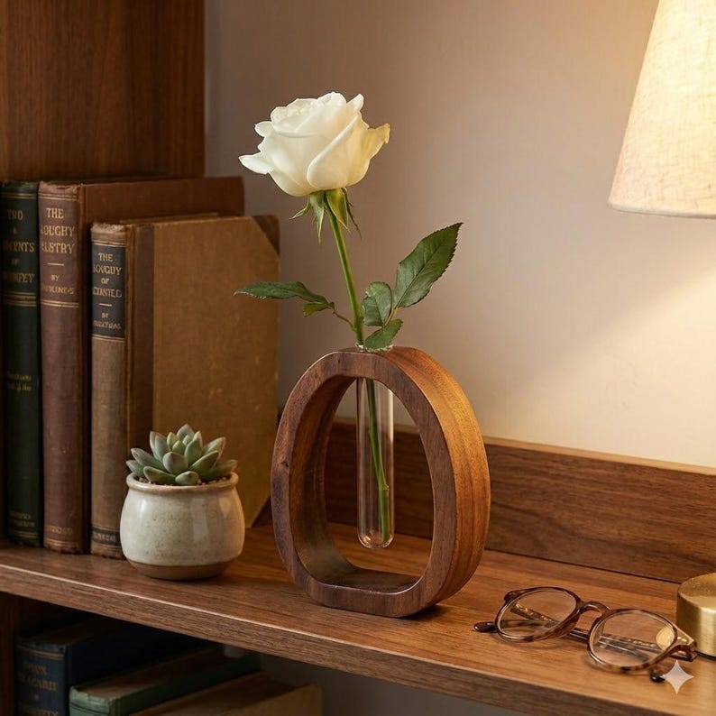 Puede incluir: Una rosa blanca en un jarr&oacute;n de madera con un tubo de vidrio transparente. El jarr&oacute;n tiene forma ovalada con un acabado marr&oacute;n oscuro. Una peque&ntilde;a suculenta en una maceta de cer&aacute;mica y una pila de libros est&aacute;n en un estante de madera.