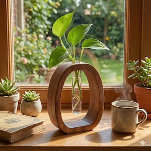 Puede incluir: Un jarr&oacute;n ovalado de madera con un tubo de vidrio que contiene plantas verdes. El jarr&oacute;n est&aacute; sobre una superficie de madera cerca de una ventana, con una taza de caf&eacute; y peque&ntilde;as plantas en macetas. El jarr&oacute;n mide unos 25 cm de alto.
