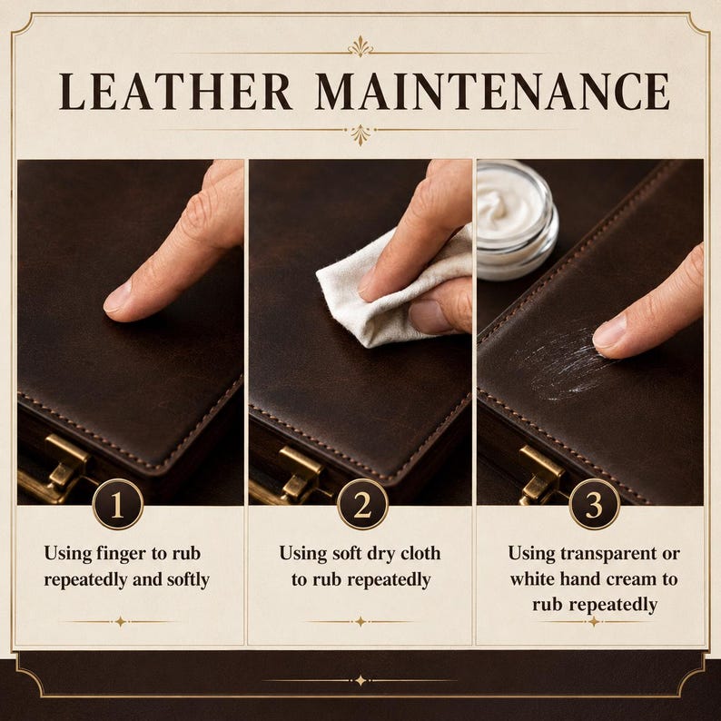 Pode incluir: Um gr&aacute;fico instrutivo intitulado LEATHER MAINTENANCE mostrando tr&ecirc;s passos numa superf&iacute;cie de couro castanho escuro. Passo 1: esfregar com o dedo. Passo 2: esfregar com um pano macio. Passo 3: aplicar creme de m&atilde;os transparente ou branco.