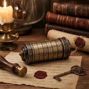 May include: An antique brass cipher cylinder with rotating lettered rings, a lit candle, a key, and a wax seal on aged paper. The scene evokes a vintage, historical theme, with stacked books in the background.