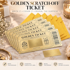 以下が含まれることがあります： GOLDEN TICKET、THIS IS YOURS、YOU HAVE BEEN SELECTEDと黒い文字が印刷された金色のスクラッチカードのセット。各カードには、長方形の金色のスクラッチエリア、ギフトアイコン、封筒アイコン、バーコードがデザインされています。
