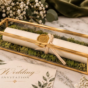 Peut inclure: Une boîte rectangulaire en verre avec un cadre en métal doré contenant un parchemin roulé attaché avec de la ficelle et un sceau en cire dorée, reposant sur un lit de mousse verte. Une invitation de mariage est placée au premier plan.