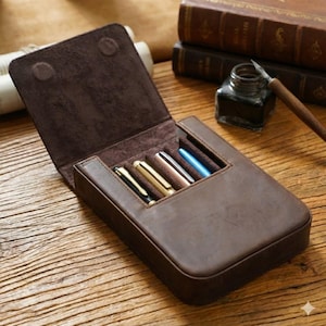 May include: A brown leather pen case with an open lid, revealing four pens in various colors. The case is rectangular and has a soft, suede-like interior. The pens include black, gold, and blue pens. The case is on a wooden surface.