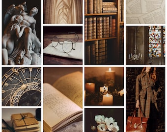 May include: A collage of images with a vintage aesthetic, featuring a stone sculpture, a pair of round glasses, a bookshelf filled with leather-bound books, a stained glass window, a compass, a handwritten journal, candles, a woman in a brown coat, a stack of old letters, and a bouquet of white flowers.