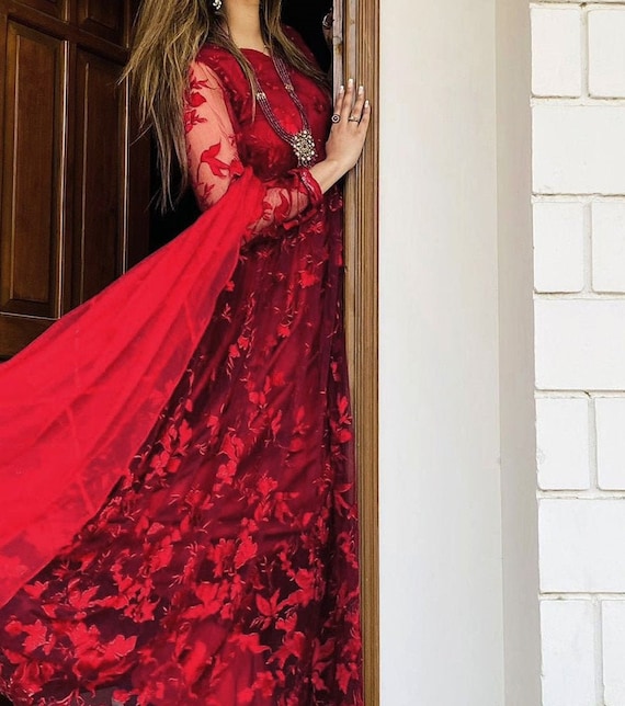 maroon net gown