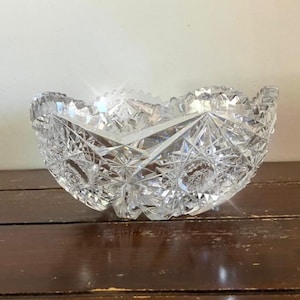 Vintage American Brilliant Style Hobstar Czech Cut Crystal Centerpiece Bowl , Cottagecore Home Decor