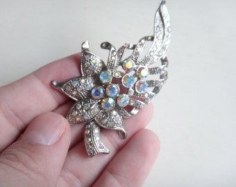 Vintage Aurora Borealis Rhinestone Floral Brooch , AB Crystal Rhinestone Brooch