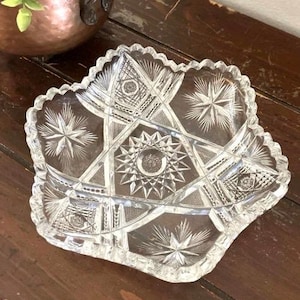 Vintage American Brilliant Style Hobstar Cut Crystal Centerpiece Bowl , Cottagecore Home Decor