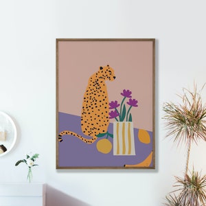 Cartel de leopardo con jarrón / arte abstracto de la pared / arte de estilo colorido / cartel impreso de leopardo con jarrón