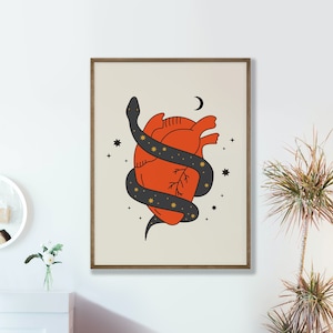 Cartel de corazón y serpiente de los años 70 / Arte ilustrativo de la pared / Arte de estilo retro / Cartel impreso de corazón y serpiente