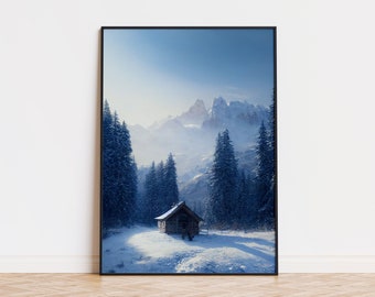 Verschneite Berghütte Poster | Einzigartiges Berg Poster | Trendige Wandkunst | Ästhetischer Berg Poster | Gedrucktes Wand Kunst Poster Berghütte