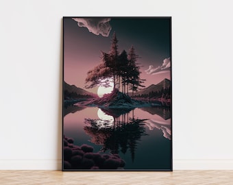 Woods Sunset Poster | Unique Sunset Reflection Poster | Trendy Wall Art | Aesthetic Sunset Poster | Printed Wall Art Sunset Forest Poster