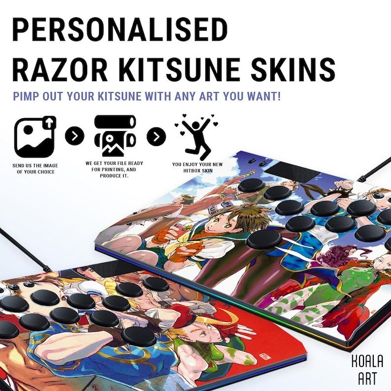 Pu&ograve; includere: Una skin personalizzata Razer Kitsune Hitbox con un design anime colorato in stile manga con personaggi di un gioco di combattimento. La skin &egrave; progettata per essere applicata a un controller Razer Kitsune Hitbox. L'immagine mostra la skin che viene applicata al controller. Il testo "KOALA ART" &egrave; visibile nell'angolo in basso a destra dell'immagine.