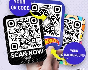 May include: Three customizable QR code cards with different backgrounds. The first card has a black and white QR code with the text "SCAN NOW" and the logo "KOALA ART". The second card has a blue background with a QR code and the text "Hot Wheels". The third card has a colorful abstract background with a QR code and the text "YOUR BACKGROUND" and the logo "KOALA ART".