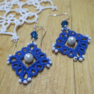Square Tatted Earrings with Beads, Pearls, and Czech Preciosa Crystals, 2 1/8 inch length, Hypoallergenic