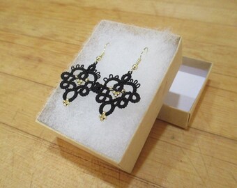 Black and Gold Tatted Lace Earrings, Hypoallergenic