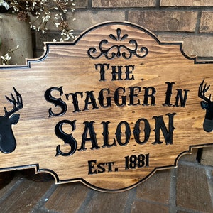 Stagger In Saloon solid wood Sign - Handcrafted Rustic Decor ,epoxy inlay- Moose & Mountain Collection - Customizable option available!