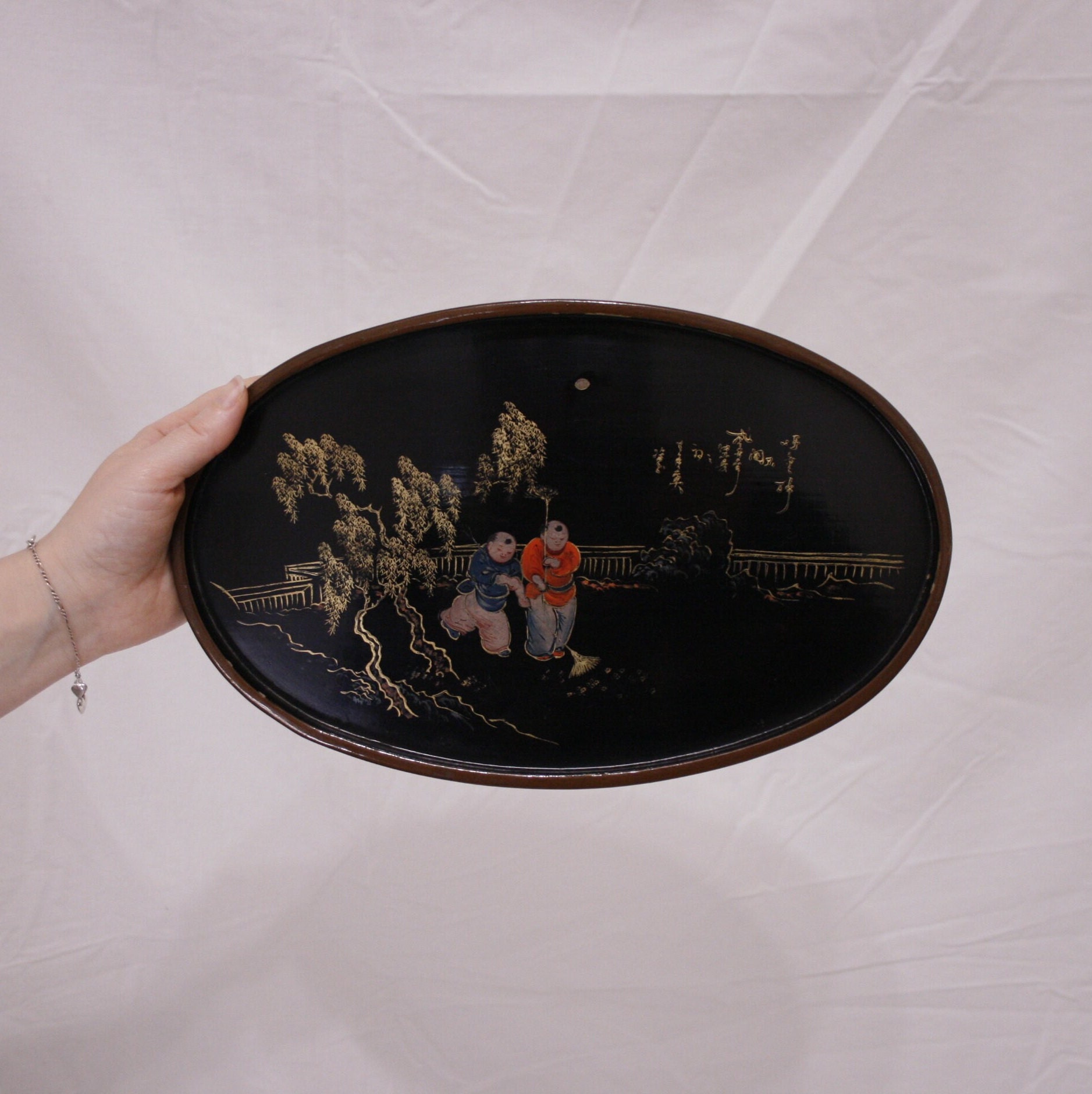 Lacquer Hand Painted Serving Tray Black and Gold Tray