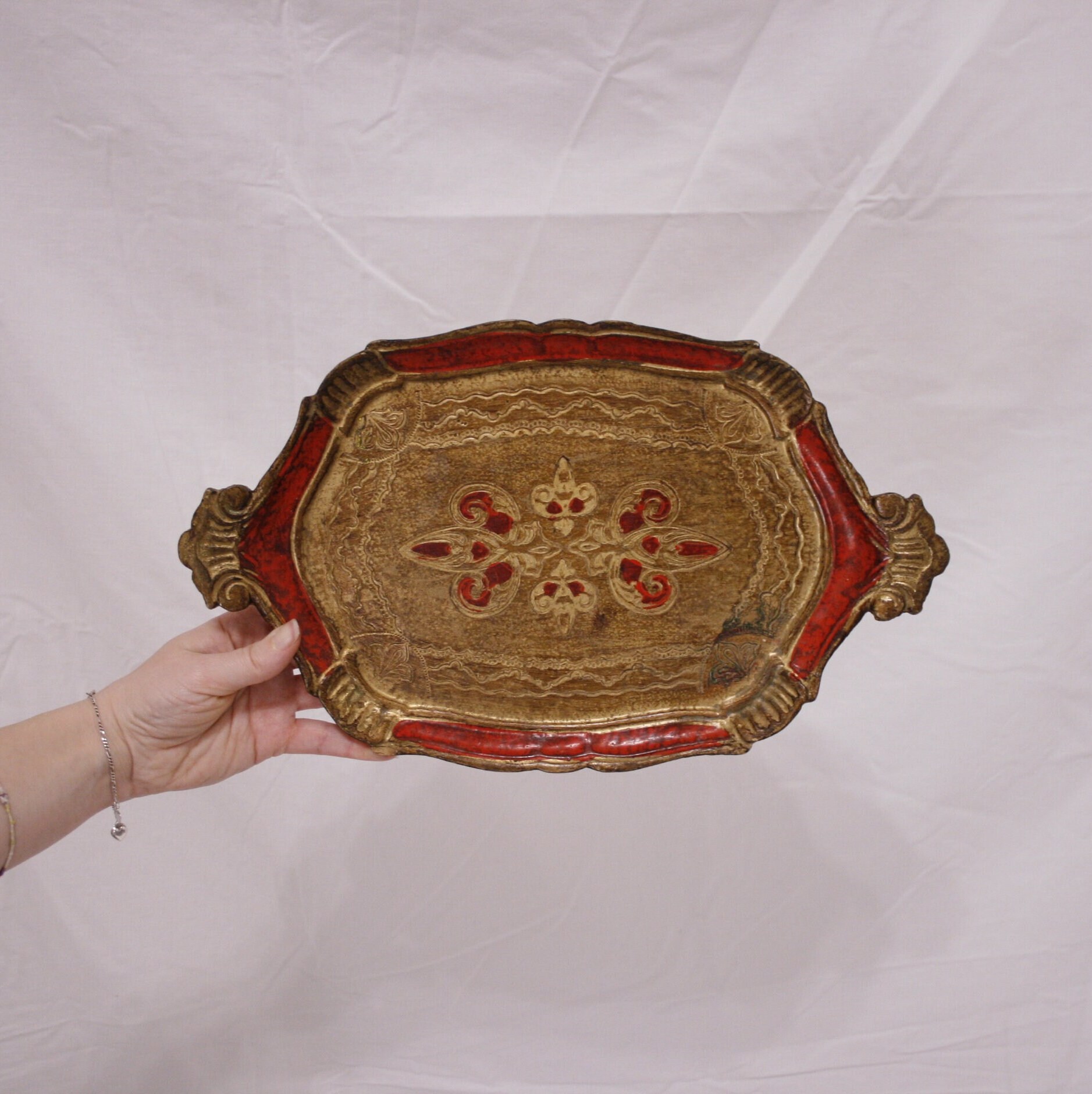 Hand Painted Florentine Wooden Tray Vintage Red and Gold Wooden Tray ...