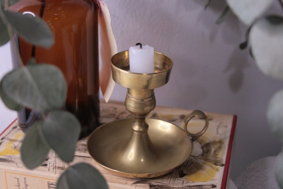 Vintage Brass Chamber Stick With Ring Handle, Altar Candle Holder