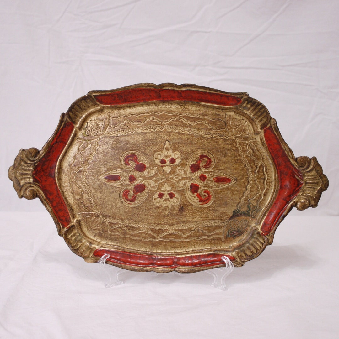 Hand Painted Florentine Wooden Tray Vintage Red and Gold Wooden Tray ...
