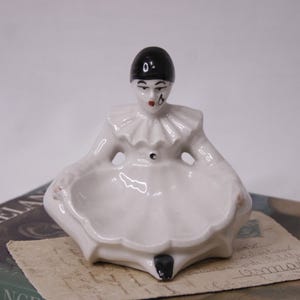 Vintage ceramic Pierrot ring dish Italian white and black sad clown figurine Capodimonte
